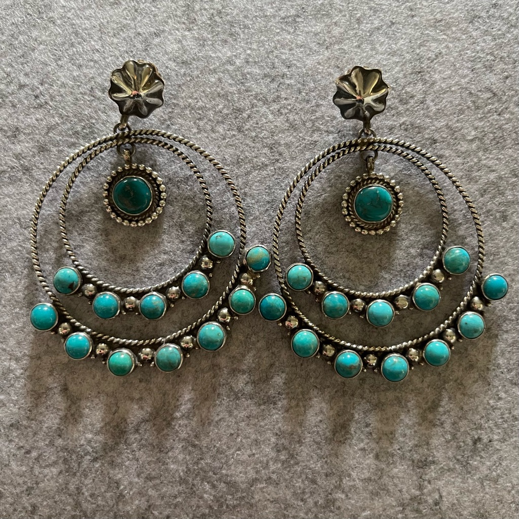 Annie Hoskie Navajo Sterling & Turquoise Chandelier Hoop Bohemian Earrings